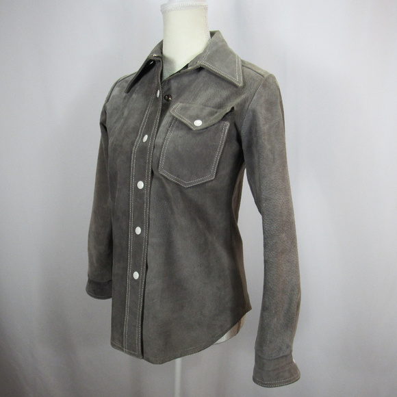 Jackets & Blazers - Gray Leather Suede Snap Button Down Coat Jacket
